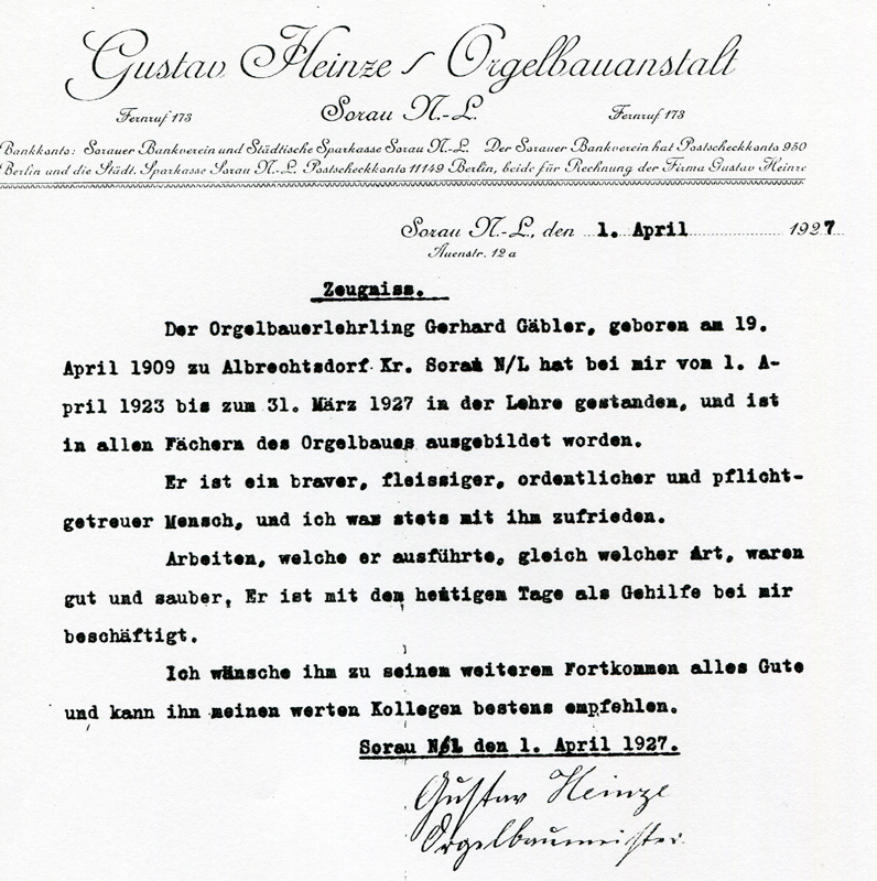 26_Zeugnis fuer Orgelbaulehrling Gerhard Gaebler von 1927
