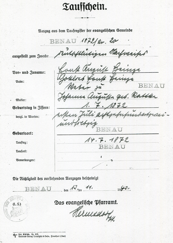 32_Taufschein fuer Ernst August Heinze vom 14_Juli 1872