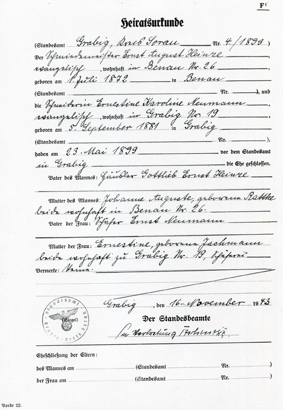 33_Heiratsurkunde von Ernestine Karoline Neumann und Ernst August Heinze_23_Mai 1899