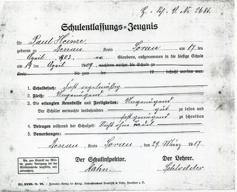 42_Schulentlassungszeugnis fuer Paul Heinze vom 29_Maerz 1917