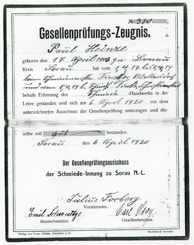 43_Gesellenpruefungs_Zeugnis fuer Paul Heinze vom 6_April 1920