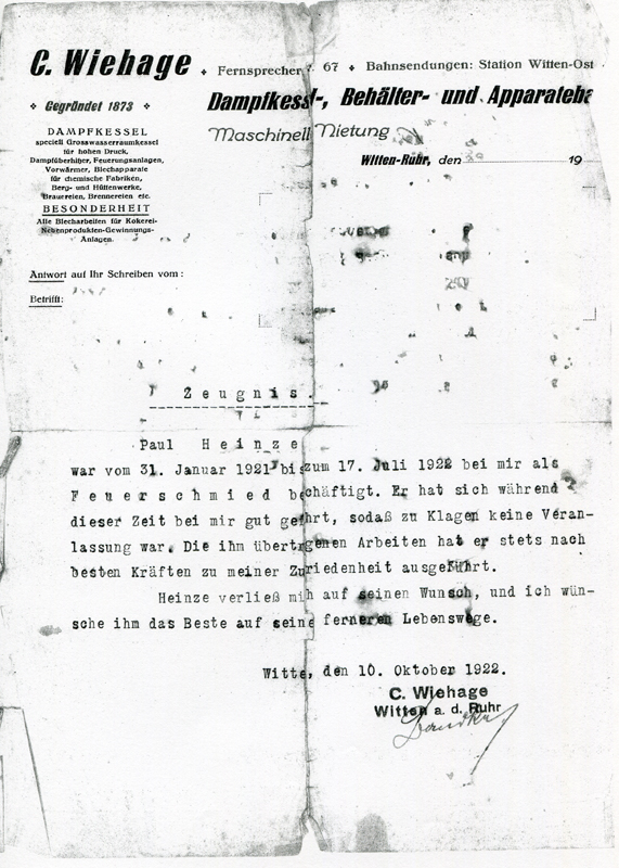 45_Zeugnis fuer Paul Heinze der Firma C Wiehage in Witten_Ruhr vom 10 Oktober 1922