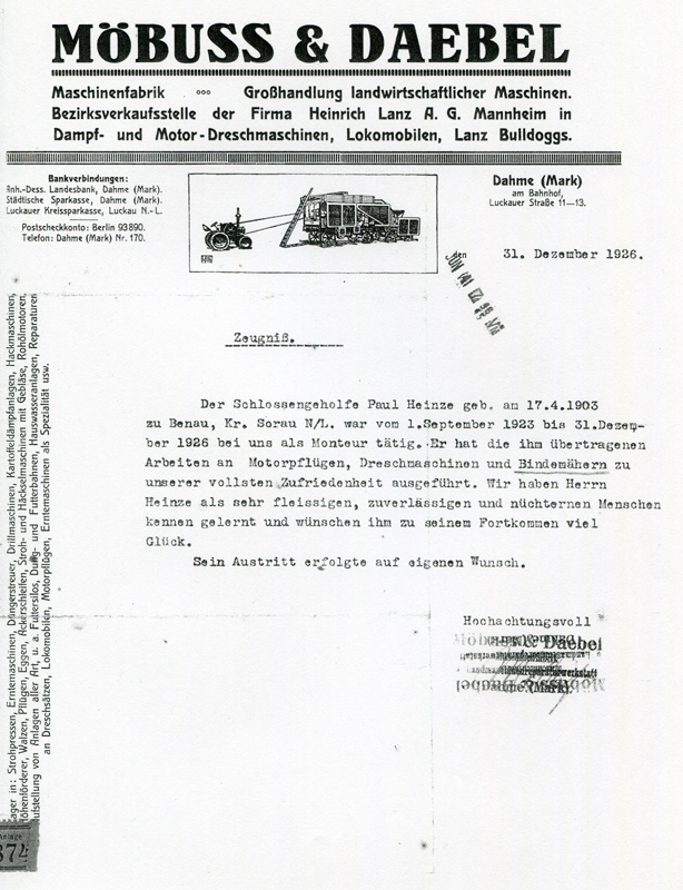 46_ Zeugnis fuer Paul Heinze der Firma Moebuss und Daebel vom 31_Dezember 1926
