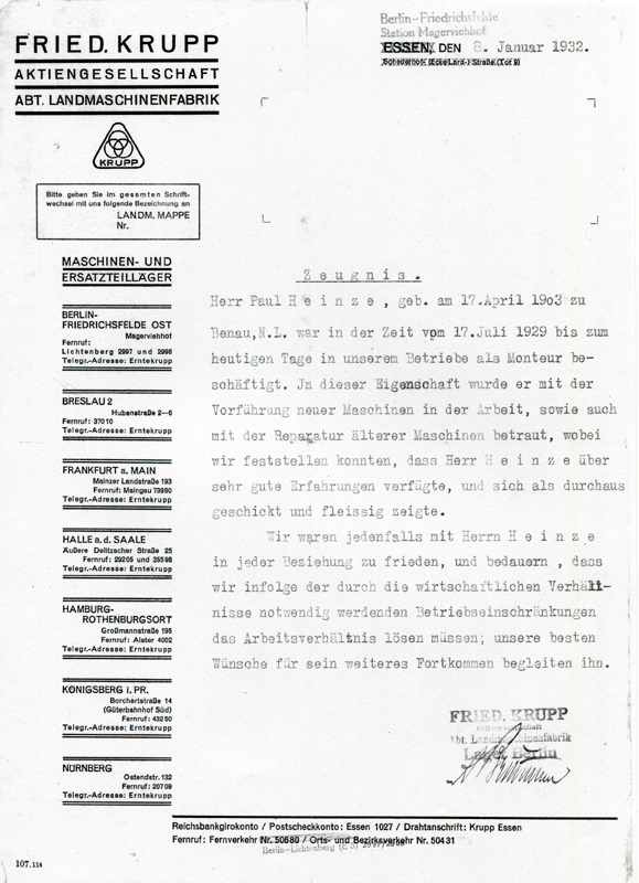 47_Zeugnis fuer Paul Heinze der Firma Friedrich Krupp AG vom 8_Januar 1932