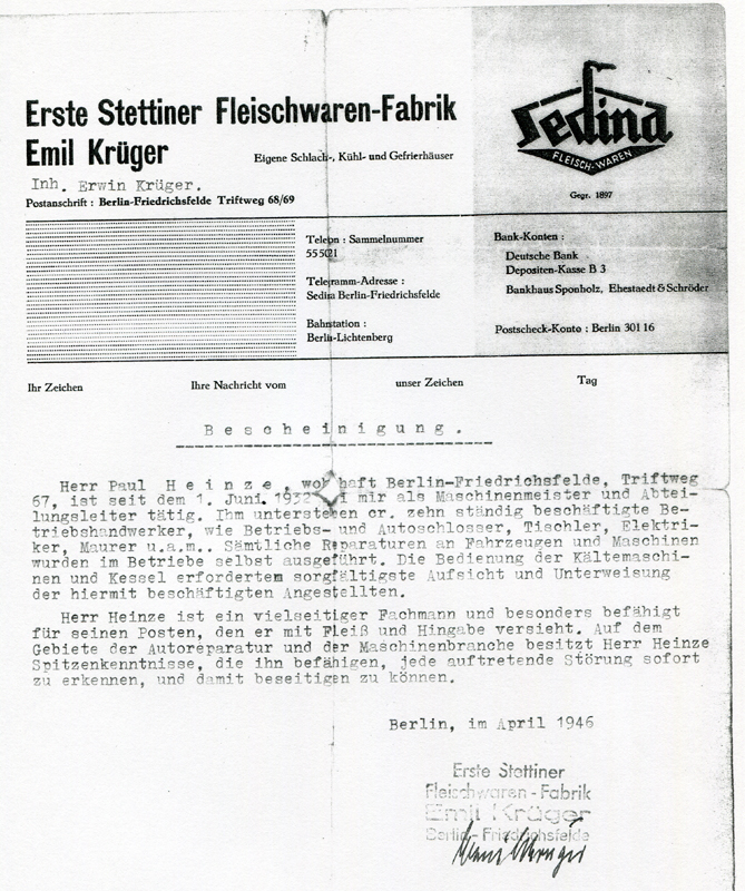 51_Bescheinigung fuer Paul Heinze  vom April 1946 der Firma_ Erste Stettiner Fleischwaren-Fabrik Emil Krueger_Sedina