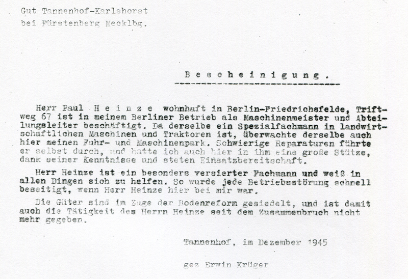 52_Bescheinigung fuer Paul Heinze vom Gut Tannenhof-Karlshorst_Dezember 1945